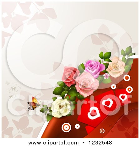Clipart of a Valentine Background with Foliage Roses Hearts and a Butterfly 2 - Royalty Free Vector Illustration by merlinul