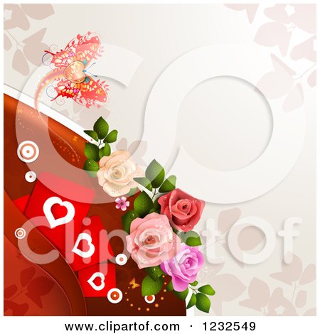 Clipart of a Valentine Background with Foliage Roses Hearts and a Butterfly 3 - Royalty Free Vector Illustration by merlinul
