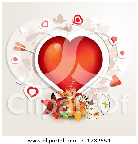 Clipart of a Red Valentine Heart with Cupids Arrow over Lilies and Foliage - Royalty Free Vector Illustration by merlinul