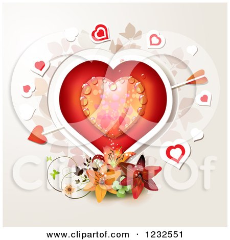 Clipart of a Dewy Valentine Heart with Cupids Arrow over Lilies and Foliage - Royalty Free Vector Illustration by merlinul