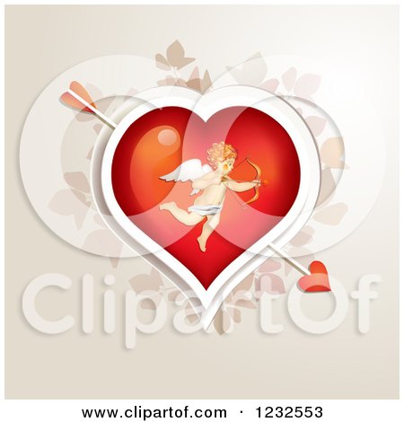 Clipart of a Valentine Heart with Cupid over Foliage - Royalty Free Vector Illustration by merlinul