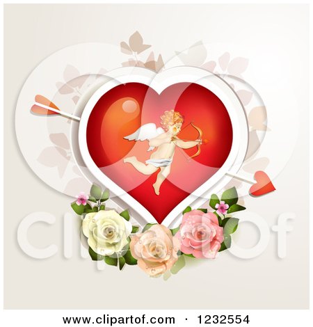 Clipart of a Valentine Heart with Cupid over Roses and Foliage - Royalty Free Vector Illustration by merlinul
