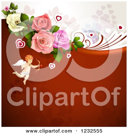 Clipart of a Valentine Background with Foliage Roses and Cupid 2 - Royalty Free Vector Illustration by merlinul