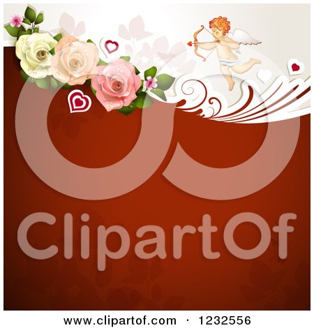 Clipart of a Valentine Background with Foliage Roses and Cupid - Royalty Free Vector Illustration by merlinul