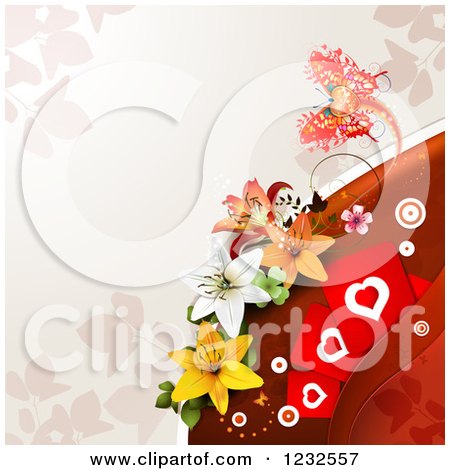 Clipart of a Valentine Background with a Butterfly Lilies Foliage and Hearts - Royalty Free Vector Illustration by merlinul