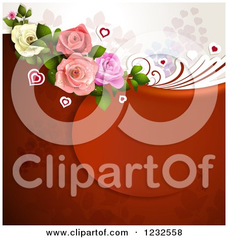 Clipart of a Valentine Background with Roses Foliage and Hearts - Royalty Free Vector Illustration by merlinul