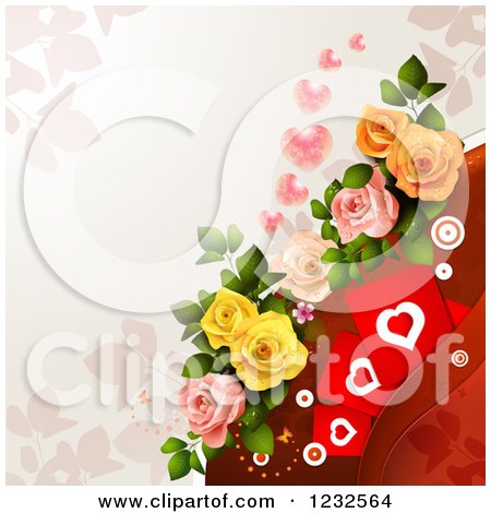 Clipart of a Valentine Background with Foliage Hearts Roses and Butterflies - Royalty Free Vector Illustration by merlinul