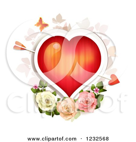 Clipart of a Red Valentine Heart with Cupids Arrow over Roses and Foliage - Royalty Free Vector Illustration by merlinul