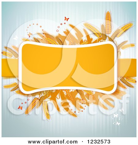 Clipart of a Rectangular Wheat Frame over Blue with Butterflies - Royalty Free Vector Illustration by merlinul