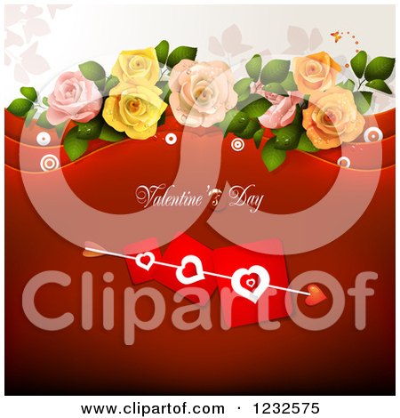 Clipart of a Red Valentine Background with Cupids Arrow Through Heart Cards and Roses - Royalty Free Vector Illustration by merlinul
