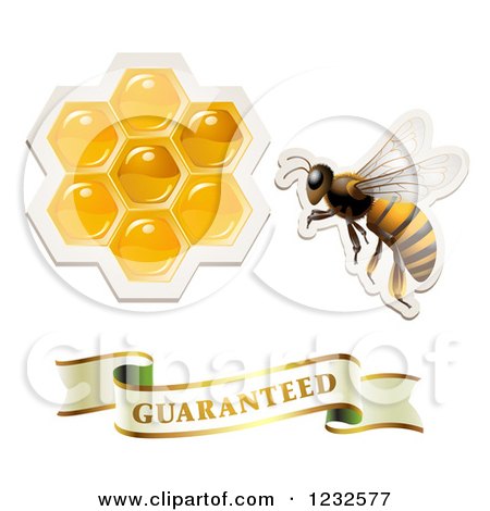Clipart of a Sticker Styled Bee Honeycombs and Guaranteed Banner - Royalty Free Vector Illustration by merlinul
