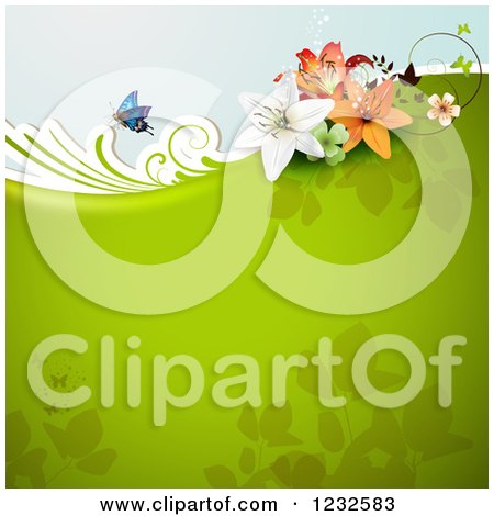Clipart of a Floral Background with Lilies a Butterfly and Foliage on Green - Royalty Free Vector Illustration by merlinul