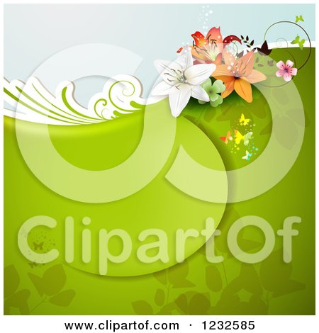 Clipart of a Floral Background with Lilies Butterflies and Foliage on Green - Royalty Free Vector Illustration by merlinul