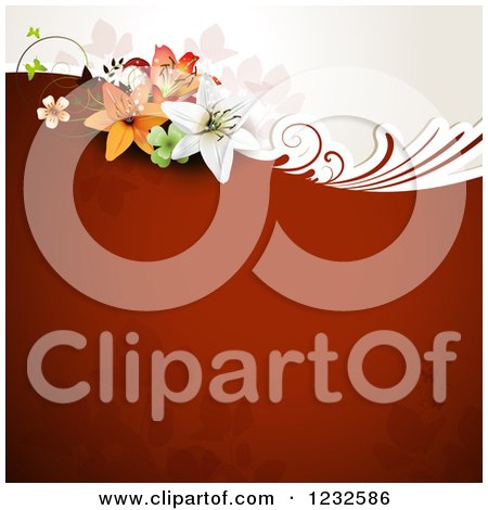 Clipart of a Floral Background with Lilies and Foliage on Red - Royalty Free Vector Illustration by merlinul