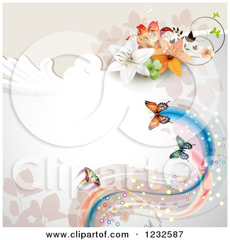 Clipart of a Floral Background with Lilies and Butterflies - Royalty Free Vector Illustration by merlinul