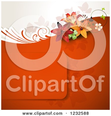 Clipart of a Floral Background with Lilies a Frame and Foliage on Red - Royalty Free Vector Illustration by merlinul