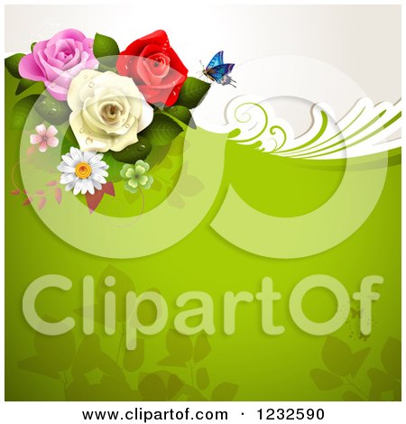 Clipart of a Green Background with Roses and a Butterfly - Royalty Free Vector Illustration by merlinul