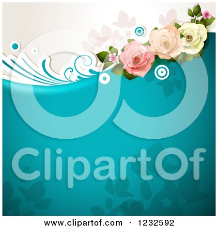 Clipart of a Blue Floral Background with Roses and Foliage - Royalty Free Vector Illustration by merlinul