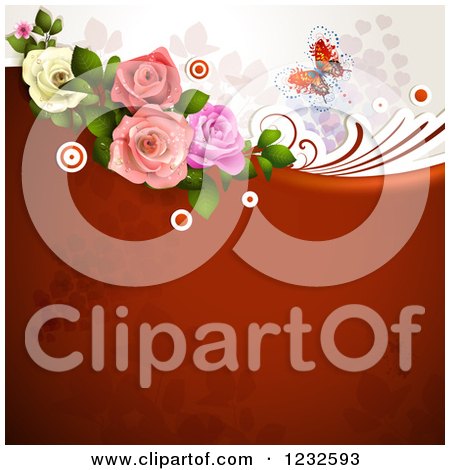 Clipart of a Red Floral Background with Roses a Butterfly and Foliage - Royalty Free Vector Illustration by merlinul
