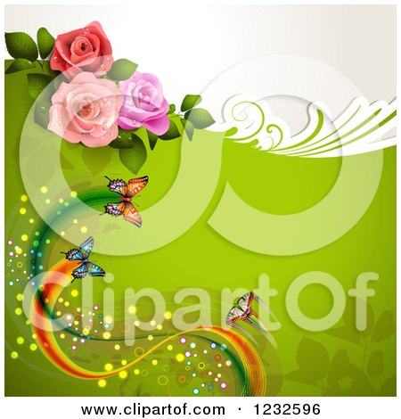Clipart of a Green Background with Roses and Butterflies - Royalty Free Vector Illustration by merlinul