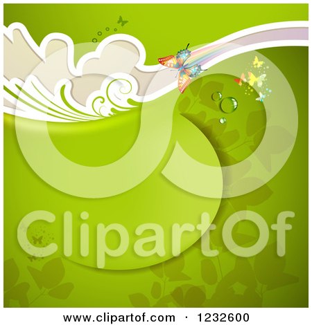 Clipart of a Green Background with Butterflies Dew and Foliage - Royalty Free Vector Illustration by merlinul