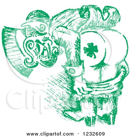 Clipart of a Green Sketched St Patricks Day Leprechaun Mooning to Show His Shamrock Tattoo - Royalty Free Vector Illustration by Andy Nortnik