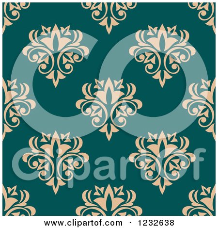 Clipart of a Seamless Teal and Beige Damask Background Pattern - Royalty Free Vector Illustration by Vector Tradition SM