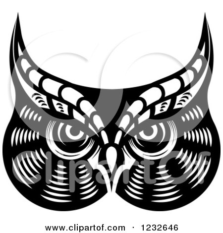 Clipart of a Black and White Owl Face Tribal Tattoo 4 - Royalty Free Vector Illustration by Vector Tradition SM