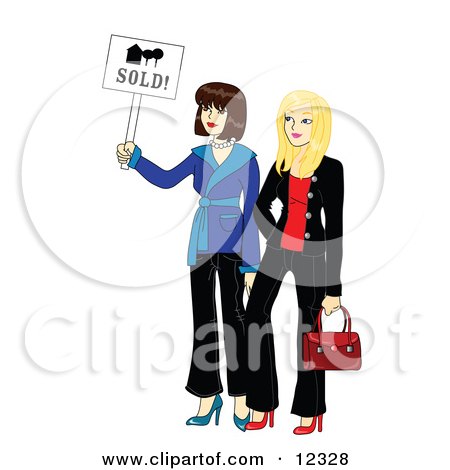 Clipart Graphic Illustration of Two Young Beautiful Real Estate Agent Realtors Holding a Sold Sign by Rosie Piter