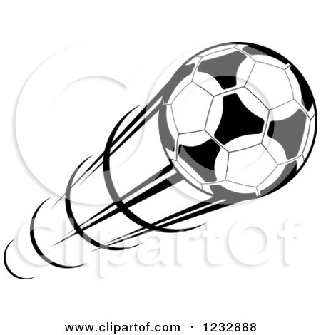 Clipart of a Black and White Flying Soccer Ball 5 - Royalty Free Vector Illustration by Vector Tradition SM