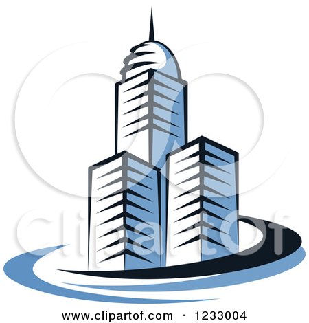 Clipart of a Blue Skyscraper Buildings with Swooshes 3 - Royalty Free Vector Illustration by Vector Tradition SM