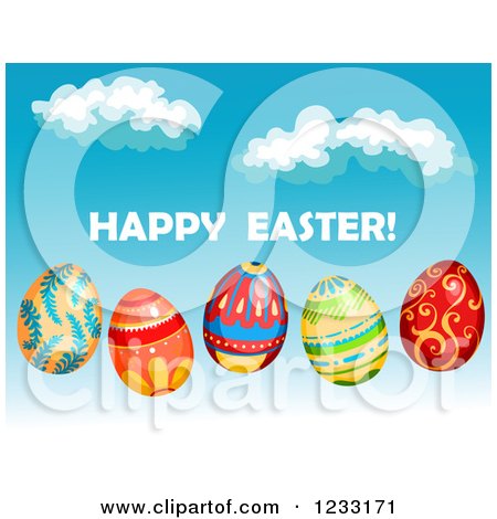 Clipart of a Happy Easter Greeting with Eggs over a Blue Sky - Royalty Free Vector Illustration by Vector Tradition SM