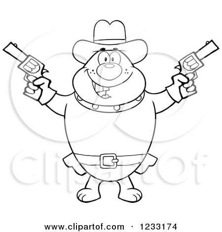 Clipart of a Black and White Cowboy Bulldog Shooting Pistols - Royalty Free Vector Illustration by Hit Toon