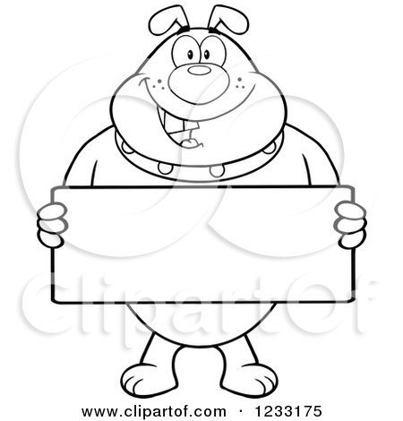 Clipart of a Black and White Bulldog Holding a Sign - Royalty Free Vector Illustration by Hit Toon
