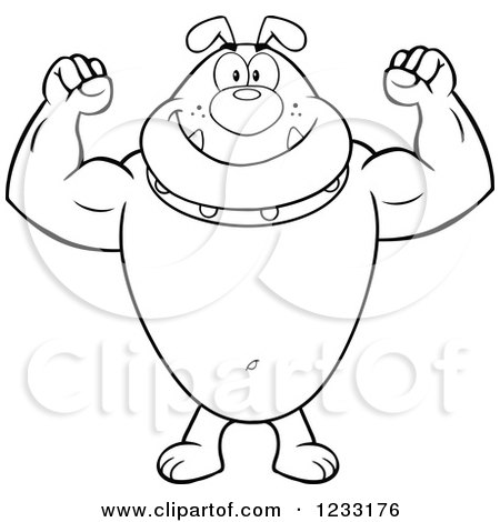 Clipart of a Strong Black and White Bulldog Flexing His Arms - Royalty Free Vector Illustration by Hit Toon