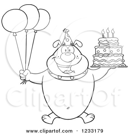 Clipart of a Black and White Bulldog with Party Balloons and a Birthday Cake - Royalty Free Vector Illustration by Hit Toon