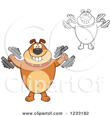 Clipart of a Brown and Outlined Bulldog Working out with Dumbbells - Royalty Free Vector Illustration by Hit Toon