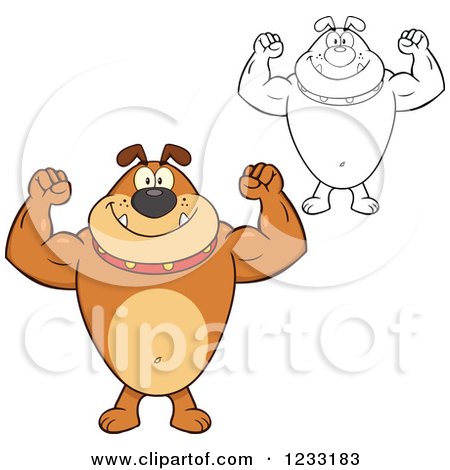Clipart of a Strong Brown and Outlined Bulldog Flexing His Arms - Royalty Free Vector Illustration by Hit Toon