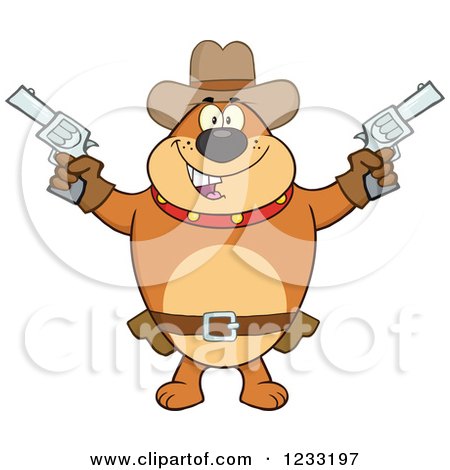 Clipart of a Brown Cowboy Bulldog Shooting Pistols - Royalty Free Vector Illustration by Hit Toon