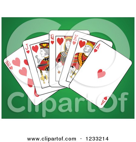 Clipart of Hearts Royal Flush Playing Cards on Green - Royalty Free Vector Illustration by Frisko