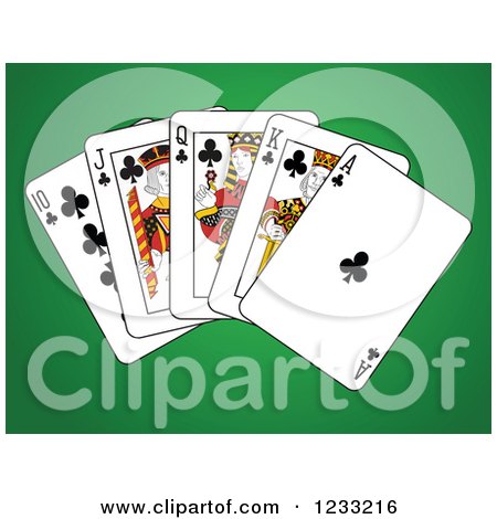 Clipart of Clubs Royal Flush Playing Cards on Green - Royalty Free Vector Illustration by Frisko