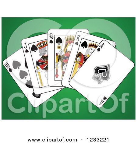 Clipart of Spades Royal Flush Playing Cards on Green - Royalty Free Vector Illustration by Frisko