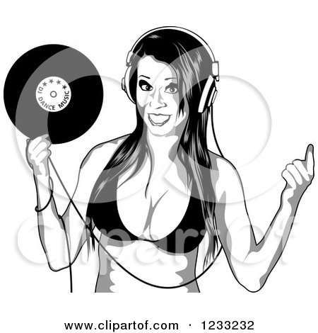 Clipart of a Woman with a Dance Music Vinyl Record and Headphones - Royalty Free Vector Illustration by dero