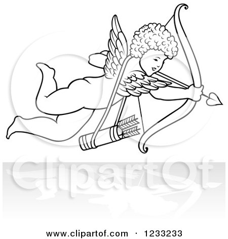 Clipart of a Black and White Aiming Cupid and Reflection - Royalty Free Vector Illustration by dero