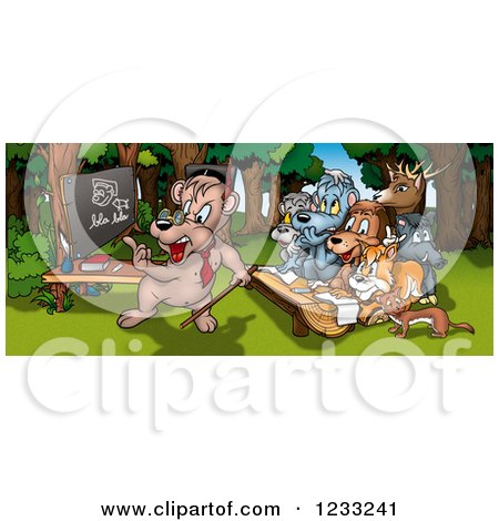 Clipart of a Bear Teacher and Animal Students in the Woods - Royalty Free Illustration by dero