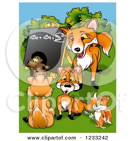 Clipart of a Fox Teacher and Students - Royalty Free Illustration by dero