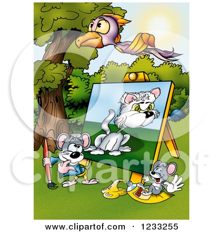 Clipart of a Bird Flying over an Artist Mouse Painting a Cat - Royalty Free Illustration by dero