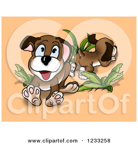 Clipart of Playful Dogs with Plants over Orange - Royalty Free Illustration by dero