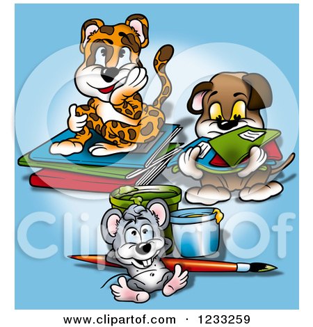 Clipart of a Cheetah Dog and Mouse with School Supplies - Royalty Free Illustration by dero
