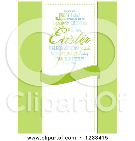 Clipart of a Word Collage Easter Egg and Banner with Text Space over Green - Royalty Free Vector Illustration by elaineitalia